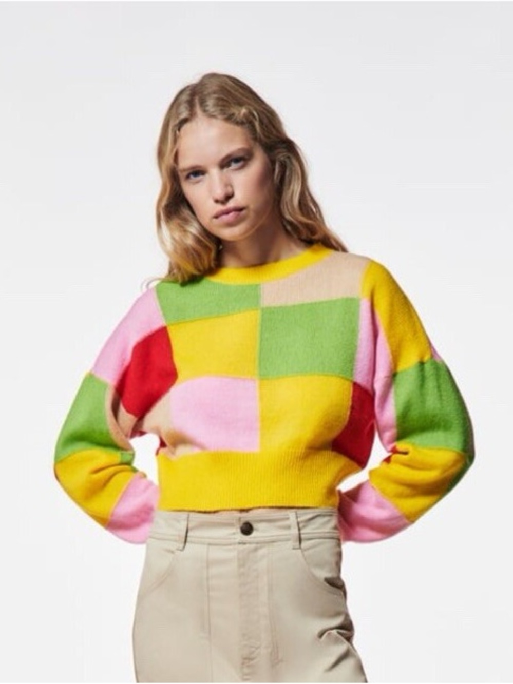 Zara Colorblock Cropped Crewneck Sweater in Yellow, Pink, Green & Red